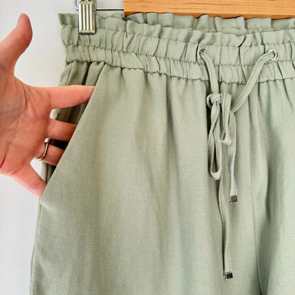 NEW Zara Women Linen Blend Pull On Pant Size S Elastic Waist Beachy Casual Green